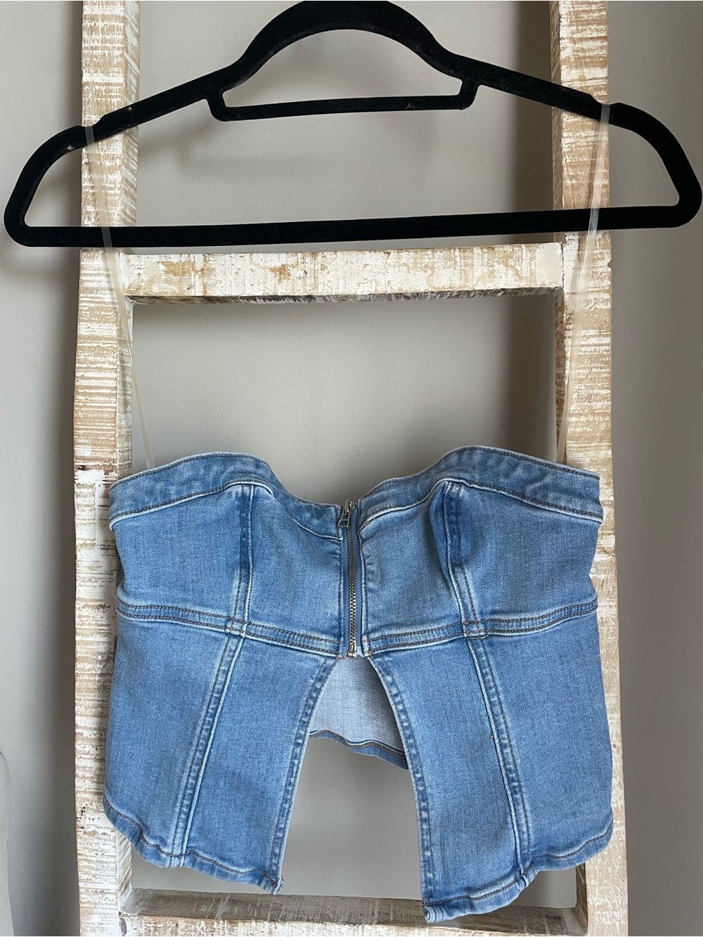 American Eagle Outfitters Light Blue Denim Strapless Zip Front Tube Top
